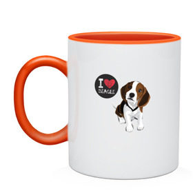 Кружка двухцветная с принтом Я люблю Бигля в Екатеринбурге, керамика | объем — 330 мл, диаметр — 80 мм. Цветная ручка и кайма сверху, в некоторых цветах — вся внутренняя часть | Тематика изображения на принте: beagle | бигли | бигль | с биглем | с обакой | собака | собаки | собачки
