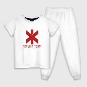 Детская пижама хлопок с принтом TRAUMA TEAM \ CYBERPUNK 2077 в Екатеринбурге, 100% хлопок |  брюки и футболка прямого кроя, без карманов, на брюках мягкая резинка на поясе и по низу штанин
 | 2019 | cd project red | cyberpunk 2077 | future | hack | night city | samurai | sci fi | trauma team | андроиды | безумие | будущее | город ночи | киберпанк 2077 | логотип | роботы | самураи | фантастика | цифры