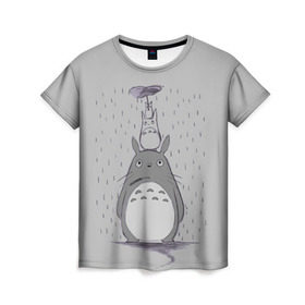 Женская футболка 3D с принтом Мой сосед Тоторо в Екатеринбурге, 100% полиэфир ( синтетическое хлопкоподобное полотно) | прямой крой, круглый вырез горловины, длина до линии бедер | totoro | хаяо миядзаки