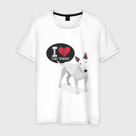 Мужская футболка хлопок с принтом Я люблю Бультерьера в Екатеринбурге, 100% хлопок | прямой крой, круглый вырез горловины, длина до линии бедер, слегка спущенное плечо. | Тематика изображения на принте: bull terrier | буль | буль терьер | бультерьер | с бультерьером | с собакой | собака | собаки | я люблю