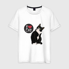 Мужская футболка хлопок с принтом Кот в Екатеринбурге, 100% хлопок | прямой крой, круглый вырез горловины, длина до линии бедер, слегка спущенное плечо. | кот | котики | коты | кошатница | кошка | кошки | я люблю котов | я люблю кошек
