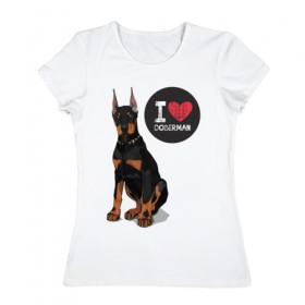 Женская футболка хлопок с принтом Я люблю Добермана в Екатеринбурге, 100% хлопок | прямой крой, круглый вырез горловины, длина до линии бедер, слегка спущенное плечо | доберман | с доберманом | собака | собаки | собачки | я люблю