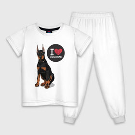 Детская пижама хлопок с принтом Я люблю Добермана в Екатеринбурге, 100% хлопок |  брюки и футболка прямого кроя, без карманов, на брюках мягкая резинка на поясе и по низу штанин
 | Тематика изображения на принте: доберман | с доберманом | собака | собаки | собачки | я люблю