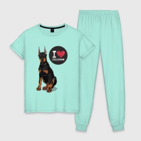 Женская пижама хлопок с принтом Я люблю Добермана в Екатеринбурге, 100% хлопок | брюки и футболка прямого кроя, без карманов, на брюках мягкая резинка на поясе и по низу штанин | доберман | с доберманом | собака | собаки | собачки | я люблю