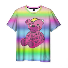 Мужская футболка 3D с принтом Мишка Lil Peep в Екатеринбурге, 100% полиэфир | прямой крой, круглый вырез горловины, длина до линии бедер | gbc | hip hop | lil peep | love | pink | rap | лил пип | лилпип | медведь | медвежонок | мишка | реп | розовый | рэп | тату | трэп | хип хоп | эмо
