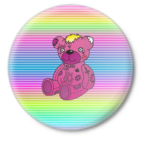 Значок с принтом Мишка Lil Peep в Екатеринбурге,  металл | круглая форма, металлическая застежка в виде булавки | Тематика изображения на принте: gbc | hip hop | lil peep | love | pink | rap | лил пип | лилпип | медведь | медвежонок | мишка | реп | розовый | рэп | тату | трэп | хип хоп | эмо