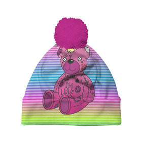Шапка 3D c помпоном с принтом Мишка Lil Peep в Екатеринбурге, 100% полиэстер | универсальный размер, печать по всей поверхности изделия | gbc | hip hop | lil peep | love | pink | rap | лил пип | лилпип | медведь | медвежонок | мишка | реп | розовый | рэп | тату | трэп | хип хоп | эмо