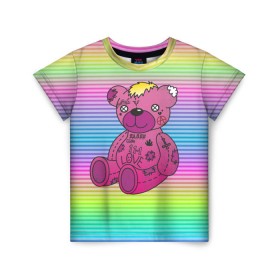 Детская футболка 3D с принтом Мишка Lil Peep в Екатеринбурге, 100% гипоаллергенный полиэфир | прямой крой, круглый вырез горловины, длина до линии бедер, чуть спущенное плечо, ткань немного тянется | Тематика изображения на принте: gbc | hip hop | lil peep | love | pink | rap | лил пип | лилпип | медведь | медвежонок | мишка | реп | розовый | рэп | тату | трэп | хип хоп | эмо