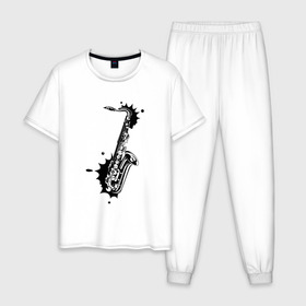 Мужская пижама хлопок с принтом Saxophone в Екатеринбурге, 100% хлопок | брюки и футболка прямого кроя, без карманов, на брюках мягкая резинка на поясе и по низу штанин
 | Тематика изображения на принте: 