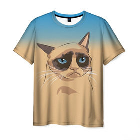 Мужская футболка 3D с принтом Grumpy cat ART в Екатеринбурге, 100% полиэфир | прямой крой, круглый вырез горловины, длина до линии бедер | cat | grumpy | грустный кот | киса | кот | котэ | котяра | кошка | мем | сердитый кот