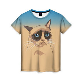 Женская футболка 3D с принтом Grumpy cat ART в Екатеринбурге, 100% полиэфир ( синтетическое хлопкоподобное полотно) | прямой крой, круглый вырез горловины, длина до линии бедер | cat | grumpy | грустный кот | киса | кот | котэ | котяра | кошка | мем | сердитый кот