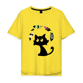 Мужская футболка хлопок Oversize с принтом Котик и перья в Екатеринбурге, 100% хлопок | свободный крой, круглый ворот, “спинка” длиннее передней части | Тематика изображения на принте: воздушный | девушкам. детям | животное | забавный | кот | котейка | котёнок | котик | кошка | летать | милый | перо | пёрышко | чёрный кот