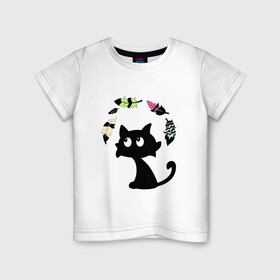 Детская футболка хлопок с принтом Котик и перья в Екатеринбурге, 100% хлопок | круглый вырез горловины, полуприлегающий силуэт, длина до линии бедер | Тематика изображения на принте: воздушный | девушкам. детям | животное | забавный | кот | котейка | котёнок | котик | кошка | летать | милый | перо | пёрышко | чёрный кот