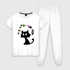Женская пижама хлопок с принтом Котик и перья в Екатеринбурге, 100% хлопок | брюки и футболка прямого кроя, без карманов, на брюках мягкая резинка на поясе и по низу штанин | воздушный | девушкам. детям | животное | забавный | кот | котейка | котёнок | котик | кошка | летать | милый | перо | пёрышко | чёрный кот