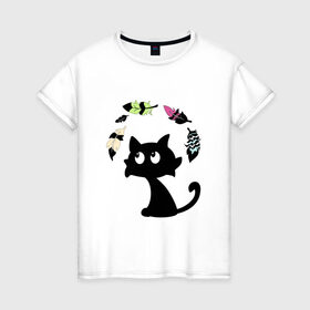 Женская футболка хлопок с принтом Котик и перья в Екатеринбурге, 100% хлопок | прямой крой, круглый вырез горловины, длина до линии бедер, слегка спущенное плечо | воздушный | девушкам. детям | животное | забавный | кот | котейка | котёнок | котик | кошка | летать | милый | перо | пёрышко | чёрный кот