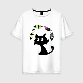 Женская футболка хлопок Oversize с принтом Котик и перья в Екатеринбурге, 100% хлопок | свободный крой, круглый ворот, спущенный рукав, длина до линии бедер
 | воздушный | девушкам. детям | животное | забавный | кот | котейка | котёнок | котик | кошка | летать | милый | перо | пёрышко | чёрный кот