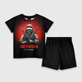 Детский костюм с шортами 3D с принтом BATTLEFIELD в Екатеринбурге,  |  | battlefield | воин | война | игрок | оружие | солдат | шутер
