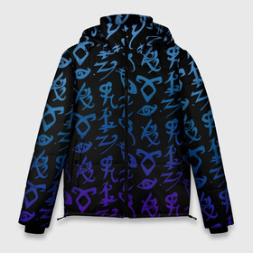 Мужская зимняя куртка 3D с принтом Blue runes в Екатеринбурге, верх — 100% полиэстер; подкладка — 100% полиэстер; утеплитель — 100% полиэстер | длина ниже бедра, свободный силуэт Оверсайз. Есть воротник-стойка, отстегивающийся капюшон и ветрозащитная планка. 

Боковые карманы с листочкой на кнопках и внутренний карман на молнии. | freeform | shadowhunters | доминик шервуд | клэри фрэй | кэтрин макнамара | фэнтази