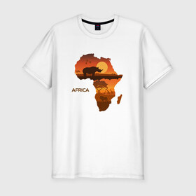 Мужская футболка хлопок Slim с принтом Африка в Екатеринбурге, 92% хлопок, 8% лайкра | приталенный силуэт, круглый вырез ворота, длина до линии бедра, короткий рукав | африка | дикая природа | дикие животные | карта | карты | носорог | природа | туризм | экзотика