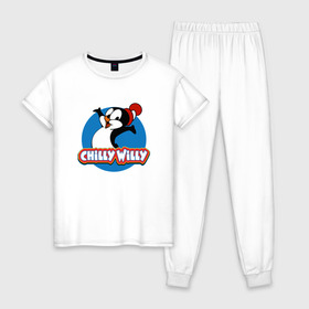 Женская пижама хлопок с принтом Чилли Вилли в Екатеринбурге, 100% хлопок | брюки и футболка прямого кроя, без карманов, на брюках мягкая резинка на поясе и по низу штанин | chili vili | chilli willi | chilly willy | пингвин | пингвиненок | чили вили | чилли вилли