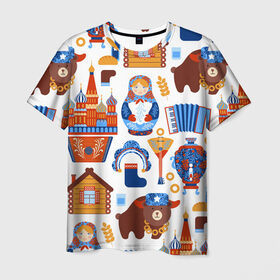 Мужская футболка 3D с принтом Традиционный поп арт в Екатеринбурге, 100% полиэфир | прямой крой, круглый вырез горловины, длина до линии бедер | Тематика изображения на принте: pop art | style | балалайка | матрешка | медведь | поп арт | яркие | яркое