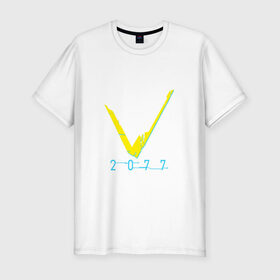 Мужская футболка премиум с принтом V   CYBERPUNK 2077 в Екатеринбурге, 92% хлопок, 8% лайкра | приталенный силуэт, круглый вырез ворота, длина до линии бедра, короткий рукав | 