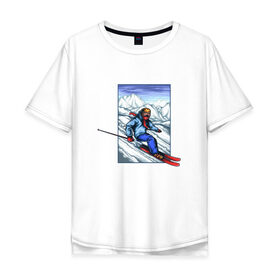 Мужская футболка хлопок Oversize с принтом Лыжный Спорт в Екатеринбурге, 100% хлопок | свободный крой, круглый ворот, “спинка” длиннее передней части | гора | горнолыжные | горнолыжный | горы | лыжи | на лыжах | с лыжами | спорт | спуск | спуск с горы