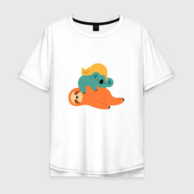 Мужская футболка хлопок Oversize с принтом Лень в Екатеринбурге, 100% хлопок | свободный крой, круглый ворот, “спинка” длиннее передней части | животные | коала | кот | ленивец | отдых | сон