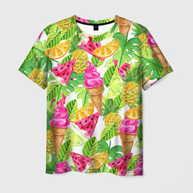 Мужская футболка 3D с принтом Летнее настроение в Екатеринбурге, 100% полиэфир | прямой крой, круглый вырез горловины, длина до линии бедер | Тематика изображения на принте: summer | зелень | листья | море | пляж | тропики | фруткты | цветы