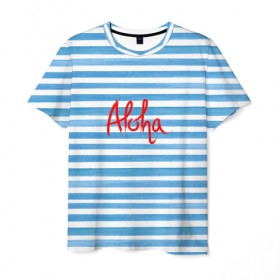 Мужская футболка 3D с принтом ALOHA в Екатеринбурге, 100% полиэфир | прямой крой, круглый вырез горловины, длина до линии бедер | Тематика изображения на принте: гавайи | лето | море | моряк | отдых | пляж | полоски | тельняшка | яхта