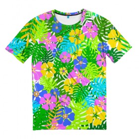 Мужская футболка 3D с принтом Летнее настроение в Екатеринбурге, 100% полиэфир | прямой крой, круглый вырез горловины, длина до линии бедер | гавайи | зелень | лето | листья | тропики | цветы