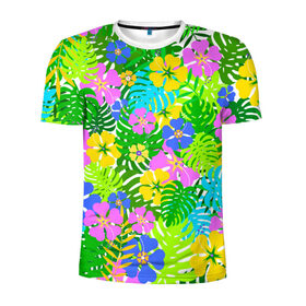 Мужская футболка 3D спортивная с принтом Летнее настроение в Екатеринбурге, 100% полиэстер с улучшенными характеристиками | приталенный силуэт, круглая горловина, широкие плечи, сужается к линии бедра | гавайи | зелень | лето | листья | тропики | цветы