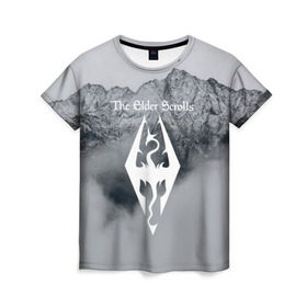 Женская футболка 3D с принтом TES V SKYRIM в Екатеринбурге, 100% полиэфир ( синтетическое хлопкоподобное полотно) | прямой крой, круглый вырез горловины, длина до линии бедер | dragon | mountain | skyrim | tes | tes 5 | the elder scrolls | горы | дракон | логотип | эмблема