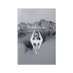 Обложка для паспорта матовая кожа с принтом TES V SKYRIM в Екатеринбурге, натуральная матовая кожа | размер 19,3 х 13,7 см; прозрачные пластиковые крепления | Тематика изображения на принте: dragon | mountain | skyrim | tes | tes 5 | the elder scrolls | горы | дракон | логотип | эмблема