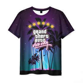 Мужская футболка 3D с принтом GTA Vice City в Екатеринбурге, 100% полиэфир | прямой крой, круглый вырез горловины, длина до линии бедер | 5 звезд | auto | grand | gta | theft | vice city |   лето | вай сити | вертолеты | гта | звезды | логотип | надпись | пальмы | пляжная | рисунок | розыск | рубашка | томми версетти