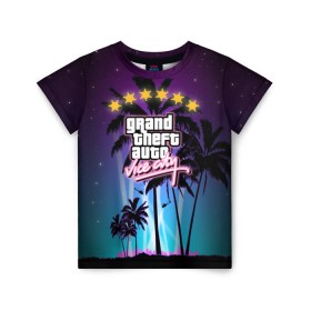 Детская футболка 3D с принтом GTA Vice City в Екатеринбурге, 100% гипоаллергенный полиэфир | прямой крой, круглый вырез горловины, длина до линии бедер, чуть спущенное плечо, ткань немного тянется | Тематика изображения на принте: 5 звезд | auto | grand | gta | theft | vice city |   лето | вай сити | вертолеты | гта | звезды | логотип | надпись | пальмы | пляжная | рисунок | розыск | рубашка | томми версетти