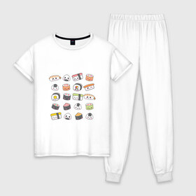 Женская пижама хлопок с принтом Sushi в Екатеринбурге, 100% хлопок | брюки и футболка прямого кроя, без карманов, на брюках мягкая резинка на поясе и по низу штанин | anime | fastfood | food | japan | roll | sushi | susi | аниме | роллы | суши | фастфуд | япония