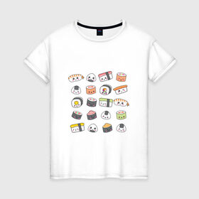 Женская футболка хлопок с принтом Sushi в Екатеринбурге, 100% хлопок | прямой крой, круглый вырез горловины, длина до линии бедер, слегка спущенное плечо | anime | fastfood | food | japan | roll | sushi | susi | аниме | роллы | суши | фастфуд | япония