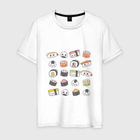 Мужская футболка хлопок с принтом Sushi в Екатеринбурге, 100% хлопок | прямой крой, круглый вырез горловины, длина до линии бедер, слегка спущенное плечо. | anime | fastfood | food | japan | roll | sushi | susi | аниме | роллы | суши | фастфуд | япония