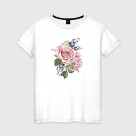 Женская футболка хлопок с принтом Розы в Екатеринбурге, 100% хлопок | прямой крой, круглый вырез горловины, длина до линии бедер, слегка спущенное плечо | акварель | роза | розовые | цветы