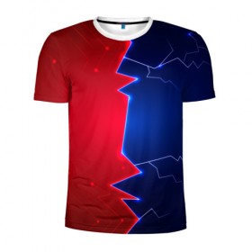 Мужская футболка 3D спортивная с принтом Battle color в Екатеринбурге, 100% полиэстер с улучшенными характеристиками | приталенный силуэт, круглая горловина, широкие плечи, сужается к линии бедра | blue | lightning | lines | red | красный | линии | молния | половины | противостояние | синий