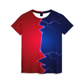 Женская футболка 3D с принтом Battle color в Екатеринбурге, 100% полиэфир ( синтетическое хлопкоподобное полотно) | прямой крой, круглый вырез горловины, длина до линии бедер | blue | lightning | lines | red | красный | линии | молния | половины | противостояние | синий