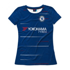 Женская футболка 3D с принтом Chelsea home 18-19 в Екатеринбурге, 100% полиэфир ( синтетическое хлопкоподобное полотно) | прямой крой, круглый вырез горловины, длина до линии бедер | apl | champions | chelsea | home | league | англия | домашняя | лига | челси | чемпионов