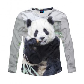 Женский лонгслив 3D с принтом Большая панда в Екатеринбурге, 100% полиэстер | длинные рукава, круглый вырез горловины, полуприлегающий силуэт | бамбук | белый | джунгли | дикое | животное | китай | лес | медведь | черный