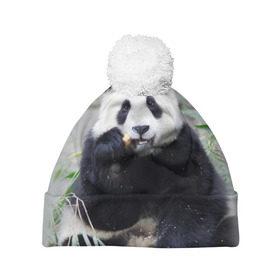 Шапка 3D c помпоном с принтом Большая панда в Екатеринбурге, 100% полиэстер | универсальный размер, печать по всей поверхности изделия | бамбук | белый | джунгли | дикое | животное | китай | лес | медведь | черный