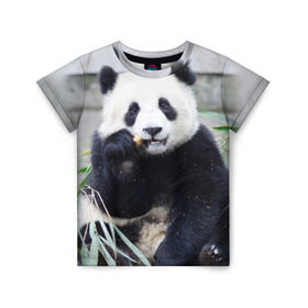 Детская футболка 3D с принтом Большая панда в Екатеринбурге, 100% гипоаллергенный полиэфир | прямой крой, круглый вырез горловины, длина до линии бедер, чуть спущенное плечо, ткань немного тянется | бамбук | белый | джунгли | дикое | животное | китай | лес | медведь | черный