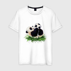 Мужская футболка хлопок с принтом Милая панда в Екатеринбурге, 100% хлопок | прямой крой, круглый вырез горловины, длина до линии бедер, слегка спущенное плечо. | Тематика изображения на принте: мяч | футбол