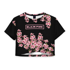 Женская футболка Cropp-top с принтом BlackPink sakura в Екатеринбурге, 100% полиэстер | круглая горловина, длина футболки до линии талии, рукава с отворотами | black  pink | blackpink | jennie | jisoo | k pop | lalisa | sakura | группа | к поп | корейская группа | розовый | сакура | черный