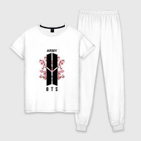 Женская пижама хлопок с принтом BTS ARMY в Екатеринбурге, 100% хлопок | брюки и футболка прямого кроя, без карманов, на брюках мягкая резинка на поясе и по низу штанин | bts | bts army | j hope | jimin | jin | jungkook | k pop | rap monster | rapmon | suga | v | бтс | группа | корея