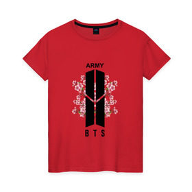 Женская футболка хлопок с принтом BTS ARMY в Екатеринбурге, 100% хлопок | прямой крой, круглый вырез горловины, длина до линии бедер, слегка спущенное плечо | bts | bts army | j hope | jimin | jin | jungkook | k pop | rap monster | rapmon | suga | v | бтс | группа | корея
